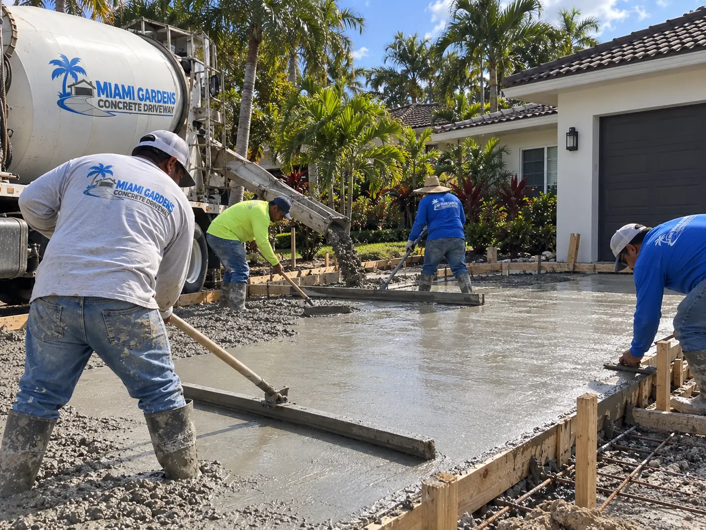 Crew screeding and floating wet concrete across a residential driveway slab